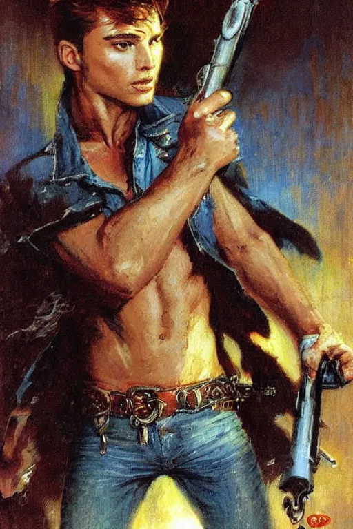 Prompt: a 2 5 year old contract killer named spike. he is a maniac with a stolen cop car. he wears a denim vest. art by gaston bussiere.