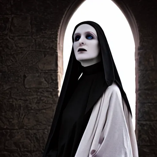 Image similar to photographic portrait of a stunningly beautiful goth nun female in soft dreamy light at sunset, contemporary fashion shoot, by edward robert hughes, annie leibovitz and steve mccurry, david lazar, jimmy nelsson, breathtaking, 8 k resolution, extremely detailed, beautiful, establishing shot, artistic, hyperrealistic, beautiful face, octane render