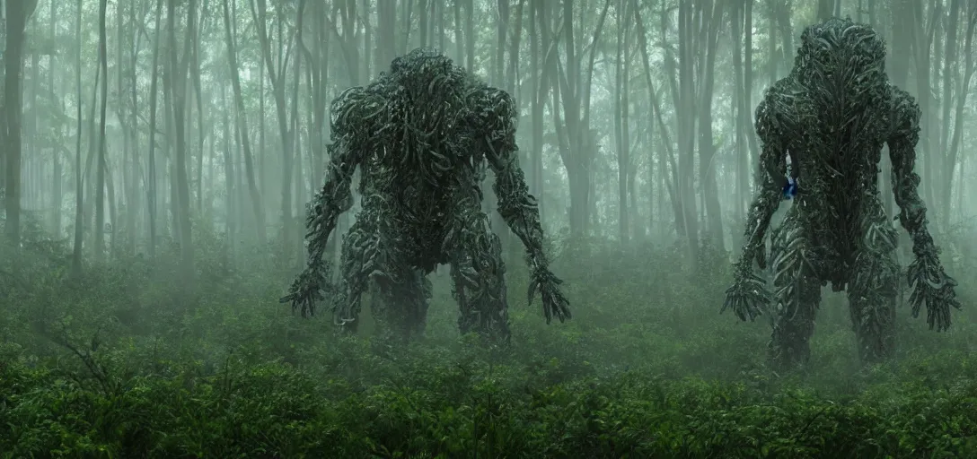 Image similar to a complex organic fractal 3 d metallic symbiotic ceramic humanoid megastructure creature in a swampy lush forest, foggy, cinematic shot, photo still from movie by denis villeneuve, wayne barlowe