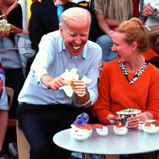 Prompt: Joe Biden eating ice cream with Moomins