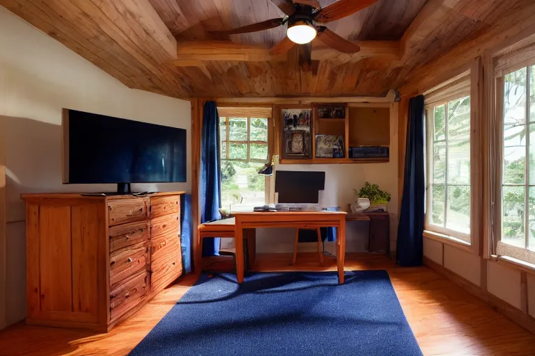 Prompt: a Square room with a small bed, big desk, two wooden armoires, a little side table in a light wood veneer, a window, desk fan, table light, and an old boxy TV carpeted with navy blue low pile carpet with a ceiling fan gives off a dim orange light, Ultra realistic