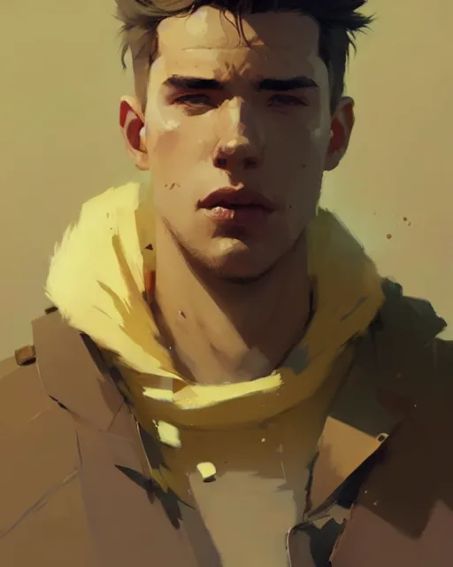 Image similar to hyper - realistic portrait of attractive brunet male by atey ghailan, by greg rutkowski, craig mullins, by greg tocchini, by james gilleard, by joe fenton, by kaethe butcher, dynamic lighting, gradient light yellow, brown, blonde cream and white color scheme, grunge aesthetic