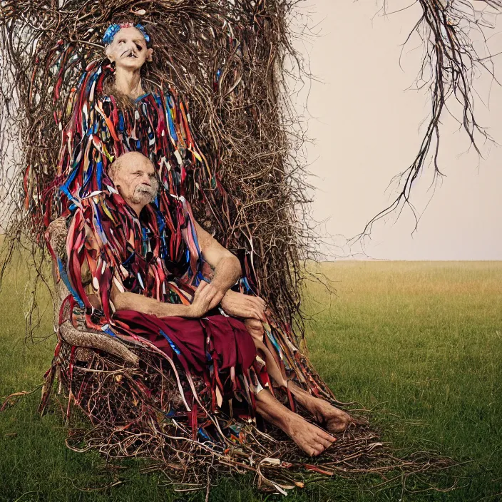 Prompt: closeup portrait of a man with a dress made of ribbons and roots, sitting in a chair in an empty field, by Annie Leibovitz and Steve McCurry, natural light, detailed face, CANON Eos C300, ƒ1.8, 35mm, 8K, medium-format print