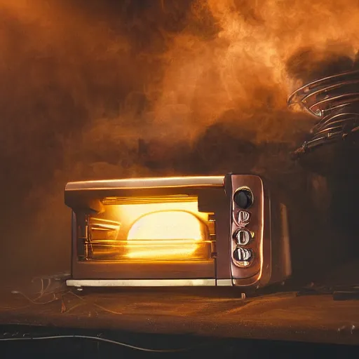 Image similar to head of toaster oven mecha, dark messy smoke - filled cluttered workshop, dark, dramatic lighting, orange tint, cinematic, highly detailed, sci - fi, futuristic, movie still