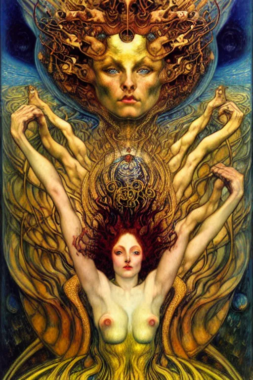 Image similar to Divine Chaos Engine by Karol Bak, Jean Delville, William Blake, Gustav Klimt, and Vincent Van Gogh, symbolist, visionary