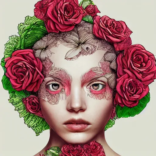 Image similar to the anatomy of a head of lettuce with roses that resembles a beautiful woman, an ultrafine detailed painting by james jean, intricate linework, bright colors, final fantasy, behance contest winner, vanitas, angular, altermodern, unreal engine