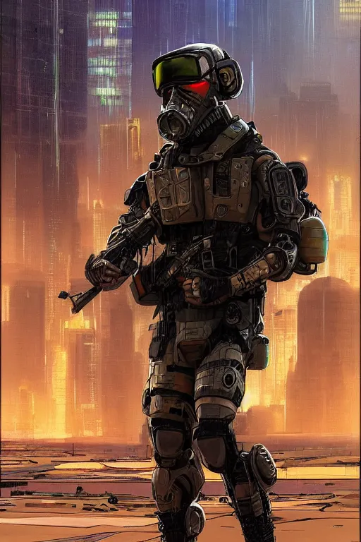 Image similar to Hosea. USN special forces futuristic recon operator, cyberpunk military hazmat exo-suit, on patrol in the Australian autonomous zone, deserted city skyline. 2087. Concept art by James Gurney and Alphonso Mucha