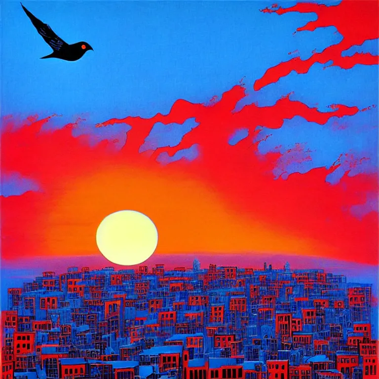 Image similar to birdseye view of a sunrise over a city, art by earle, eyvind