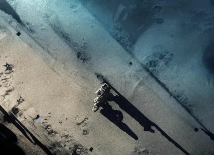 Prompt: astronaut underwater putting a flag in the sand of the bottom of the ocean. the remains of a submarine are visible in the distance. dark, concept art, cinematic, dramatic, atmospheric, 8 k, trending on artstation, low visibility, fog, ocean floor, christopher nolan, interstellar