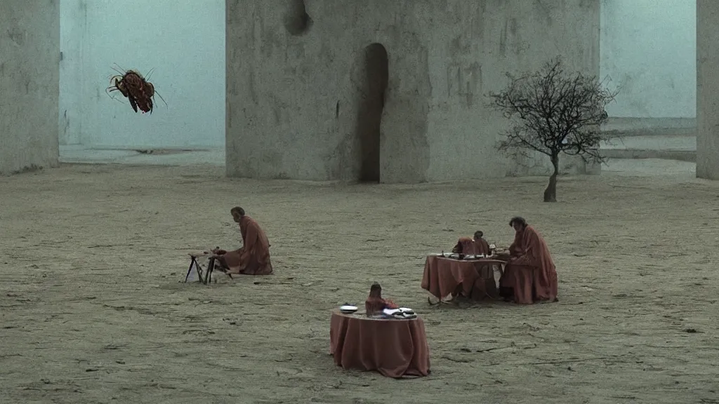 Prompt: the insect eats dinner with us, film still from the movie directed by Denis Villeneuve with art direction by Zdzisław Beksiński, wide lens