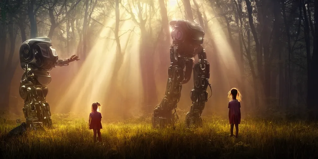 Image similar to sci - fi scene future new york, little girl holding a hand of a big robot, forest punk, crepuscular rays, epic scene, hyper realistic, photo realistic, overgrowth, cinematic atmosphere, ethereal lighting,