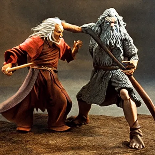 Image similar to a film still of gandalf fighting a balrog, claymation