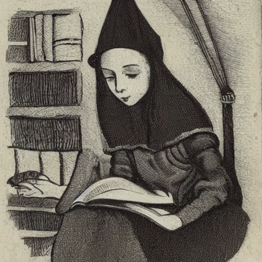 Image similar to young medieval girl wearing witch's hat and headphones sitting studying