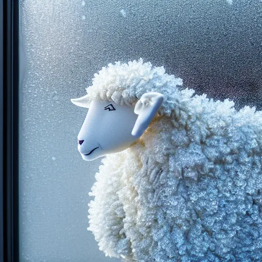 Image similar to a beautiful closeup photo of a frost patterns on a window as a painting of a sheep, hyper realistic, hyper detailed, octane render, raytracing, frost on a window