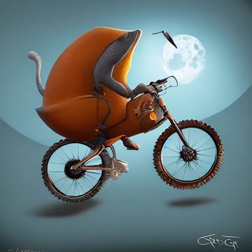 Prompt: bike made of swiss cheese wheels, a cartoonish rat riding the bike on the surface of the moon and, digital painting, greg rutowski, artstation