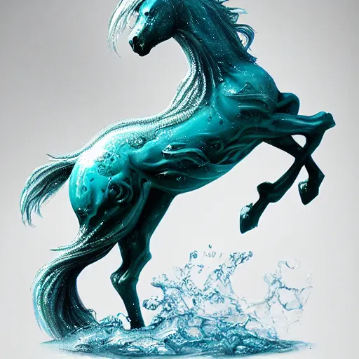 Image similar to a fantastical transparent small turquoise spirit horse made of water and foam and algae and ice, splashing water, wave, translucent, ethereal, noble, radiant, hyperalism, scottish folklore, digital painting, artstation, concept art, smooth, 8 k frostbite 3 engine, ultra detailed, art by artgerm and greg rutkowski and magali villeneuve