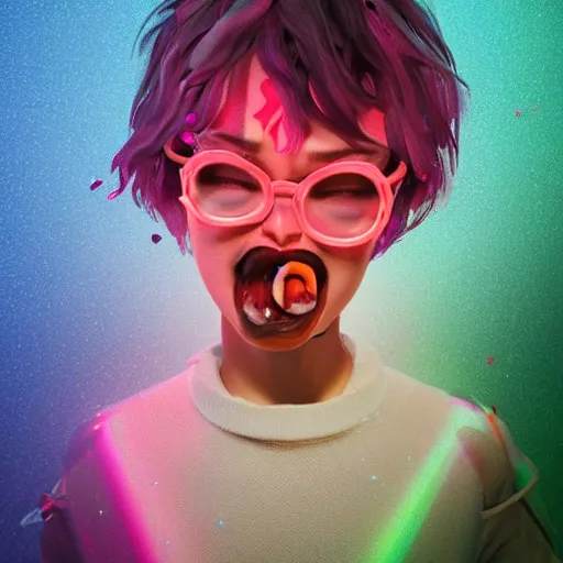 Image similar to born again christian tiktok influencer eating melting crayons and winking to their followers, in the style of james jean, artstation trending, 8 k, 3 d render, photorealistic, volumetric lighting caustics, pink