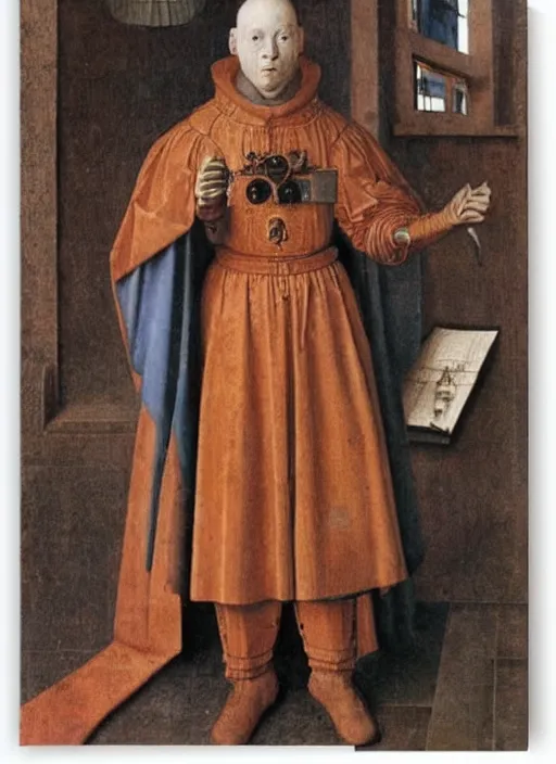 Image similar to a cyborg priest by Jan van Eyck
