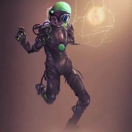 Prompt: Unstable humanoid lightning elemental wearing sci-fi goggles, haunted spaceship hallway, sci-fi artwork, horror, 8k, concept art, dramatic pose