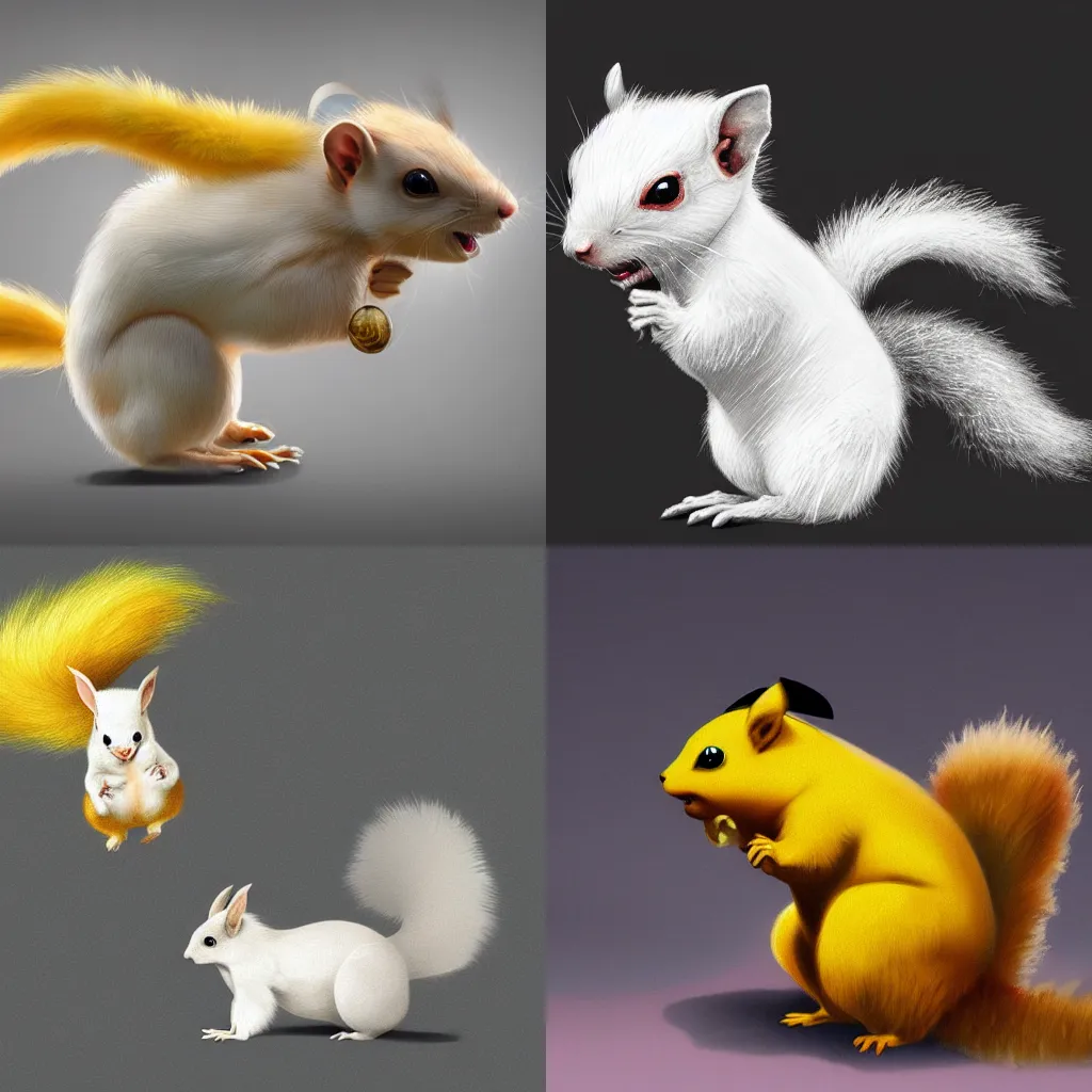 Prompt: an albino squirrel dances with pikachu, fantasy, intricate, highly detailed, digital painting, hyperrealistic, artstation, concept art, sharp focus, illustration