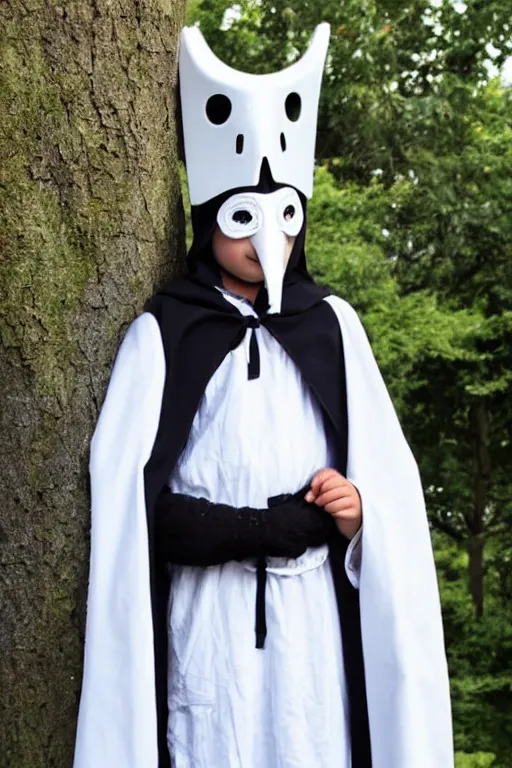 Image similar to a young adventurer wearing a white bird mask and a black cloak.