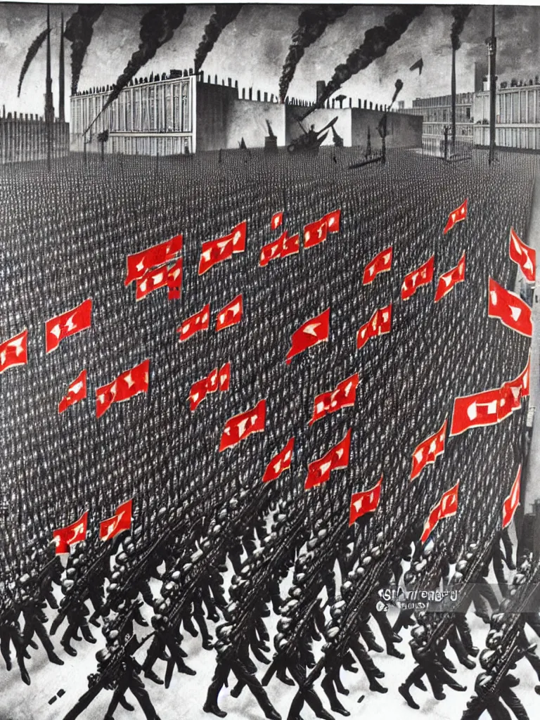 Image similar to army parade glorious march, futuristic alternate timeline, anarcho - communist hordes, red and black flags, modernist factories in background, art by max ernst, cnt spanish civil war era propaganda