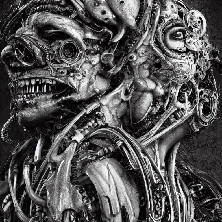 Image similar to surreal biomechanical spinal ribbed tribal exotic organic face portrait of mechanical cyborg, beautiful detailed intricate insanely detailed BW 3D render digital art, octane render, 8K artistic photography, photorealistic