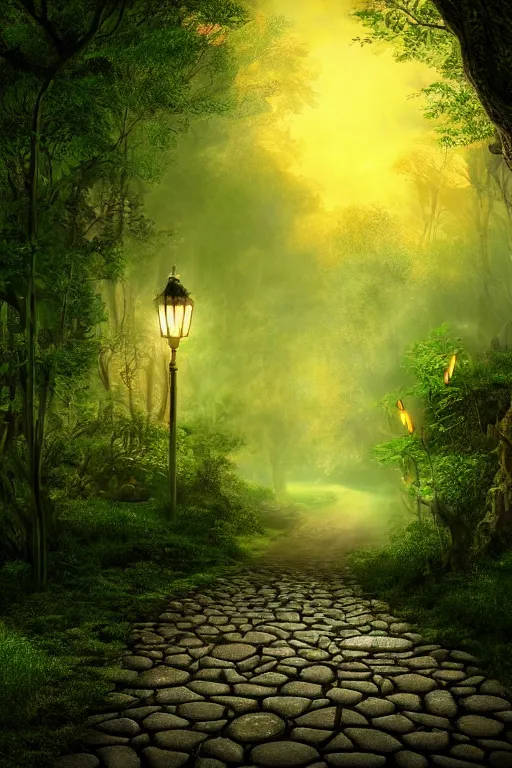 Image similar to a beautiful digital glossy clear sharp of a detailed antasy fireflies forest trees roots mushrooms fireflies moonlight and iron gate cobblestone pathway vines ground fog by james gurney, 8 k resolution trending on artstation