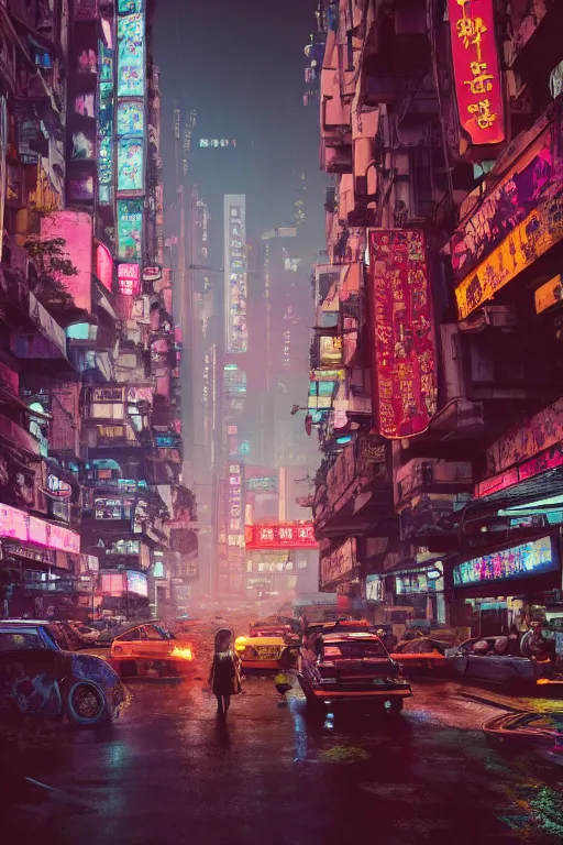 Image similar to cinematic photo of ancient overgrown cyberpunk hong kong with cars and people, flying cars in the sky, holograms, night, rain, flowers, beautifully lit, hyperdetailed, unreal engine, photorealistic, denis villeneuve film look, blade runner set