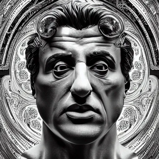 Prompt: sylvester stallone made of marble, hyper detailed, flowing psychadelic background intricate and detailed, ornate 8 k gorgeous intricate detailed, octane render, black and white