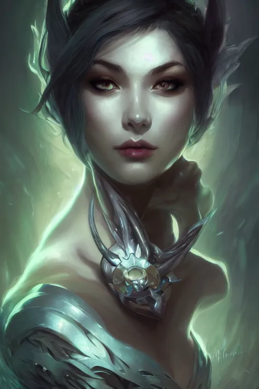 Image similar to portrait of Kalista from League of Legends, dreamy and ethereal and dark, dark eyes, smiling expression, dark fantasy, chaotic, elegant, highly detailed, digital painting, artstation, concept art, smooth, sharp focus, illustration, art by artgerm and greg rutkowski and alphonse mucha