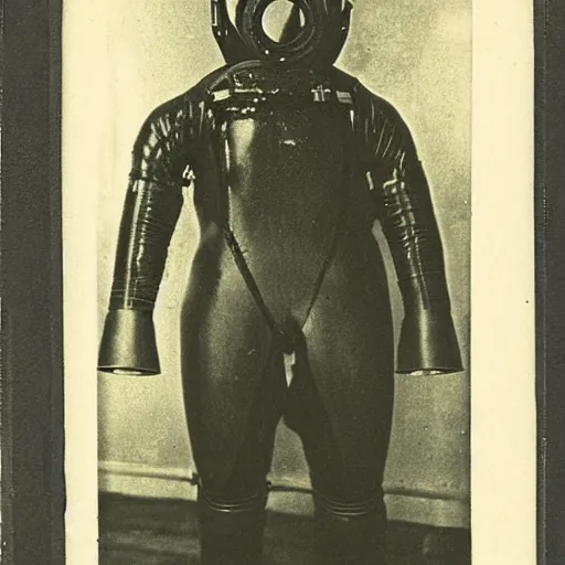 Prompt: old school diving suit, underwater picture, murky, dark, scary, 1910 polaroid