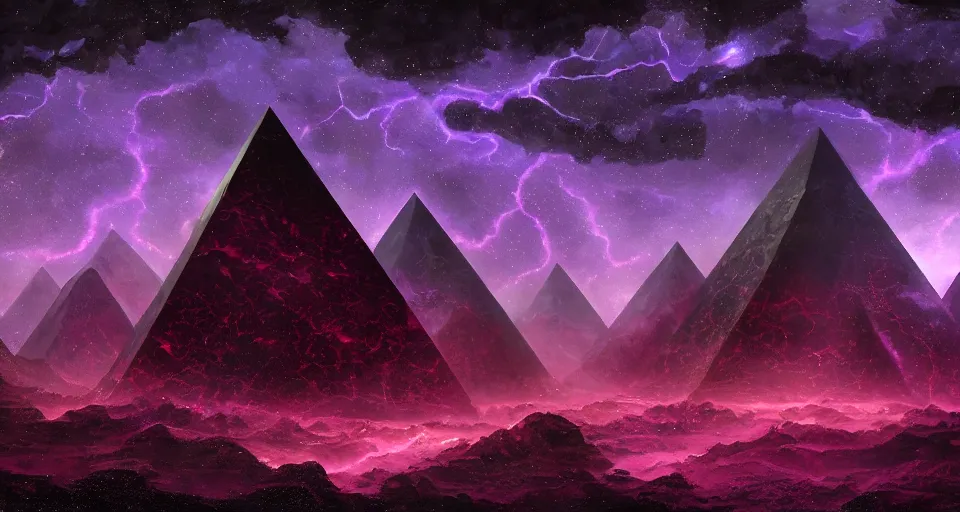 Image similar to black lovecraftian eldritch!! obsidian! pyramid!! surrounded by dark stormy sea, cosmic purple space!, bright stars, nebula, sky background by eugene von guerard, ivan shishkin, night, concept art, trending on artstation, 8 k