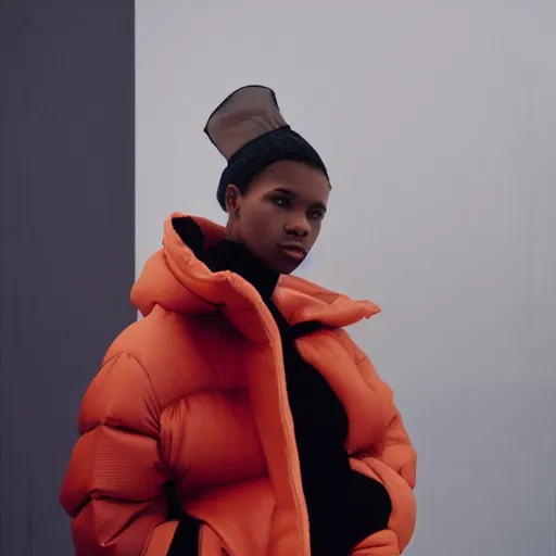 Image similar to realistic! photoshoot for a new balenciaga lookbook, color film photography, portrait of a beautiful woman wearing a puffer jacket, photo in style of tyler mitchell, 35mm