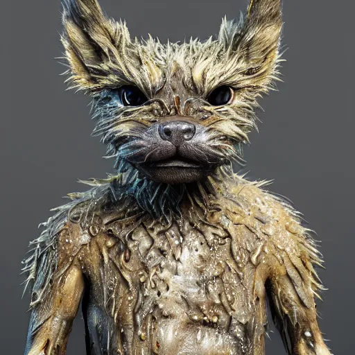 Image similar to photo taken of an epic intricate, ultra detailed, super realistic gritty, wet, lifelike sculpture of an cute furry monster with bioluminescent patches of skin created by weta workshop, zoomed in shots, subsurface scattering, photorealistic, sharp focus, white wall coloured workshop, cold colour temperature, f 0. 4, face centred, golden ratio