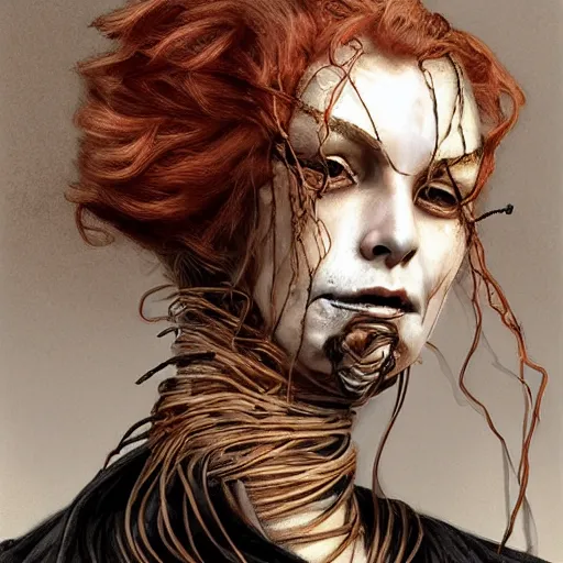 Image similar to portrait of a Shibari barbed wire wrapped face and neck, headshot, insanely nice professional hair style, dramatic hair color, digital painting, of a old 17th century, old cyborg merchant, amber jewels, baroque, ornate clothing, scifi, realistic, hyperdetailed, chiaroscuro, concept art, art by Franz Hals and Jon Foster and Ayami Kojima and Amano and Karol Bak,