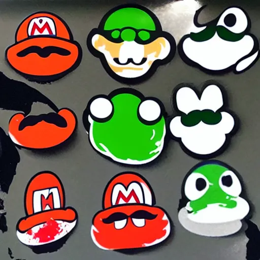 Image similar to die cut sticker, yoshi wearing mario's mustache, splatter paint