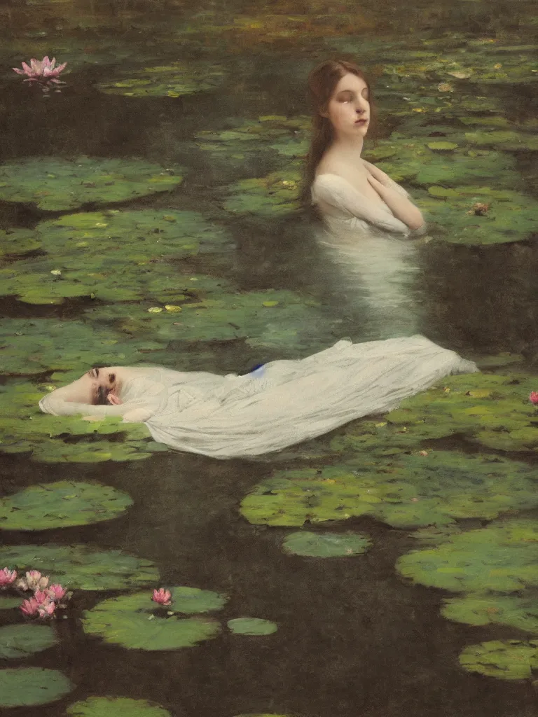 Image similar to detailed cinematic moody colors studio portrait of a victorian young lady sleeping in a victorian pond, water lilies, ofelia inspired high quality by jeremy mann, only one head single portrait