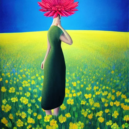 Image similar to huge flower as head, woman walking in a field, surreal, flat light, painting, digital painting, artstation, georgia o'keeffe