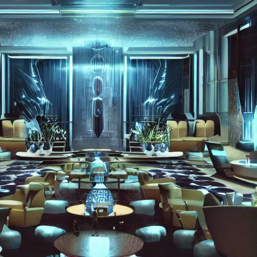 Image similar to the council of all worlds, science fiction, opulent, huge 7 0 s hotel, logan's run, syd mead, retrofuture, octane render