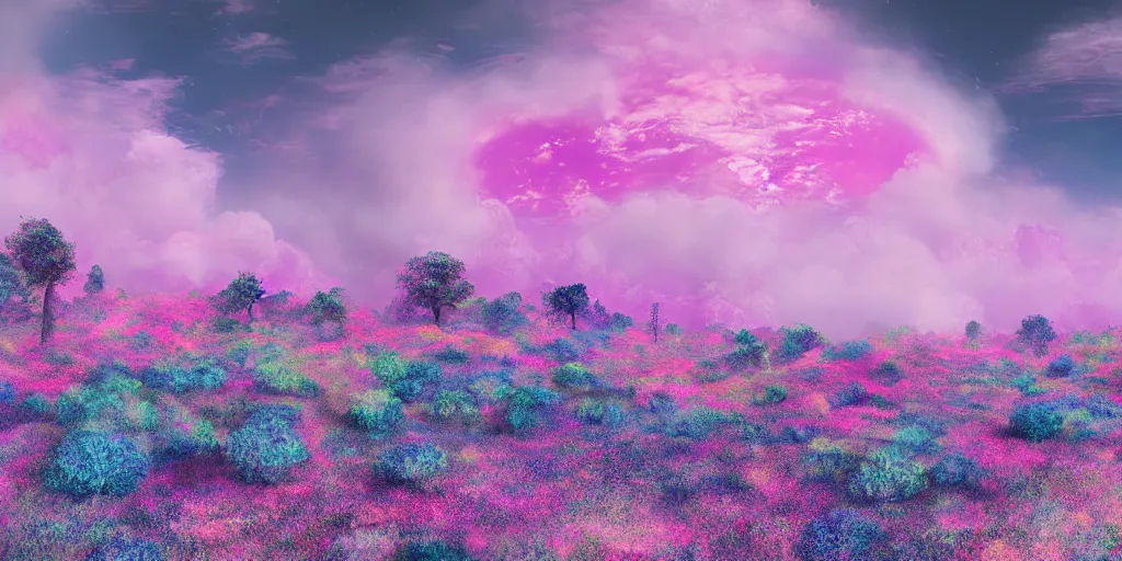 Prompt: a hyper - real psychedelic planet fill with pink clouds, blue hills and purple forests