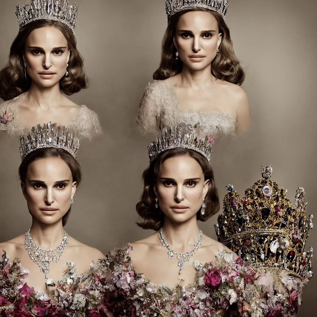 Prompt: natalie portman as the queen of england, big crown adorned with emerald, diamonds, topaz and other jewellaries, sensual, beautiful soft light failling on her face, zoomed out, studio photography, nikon 3 5 mm portrait photography, ultra realistic