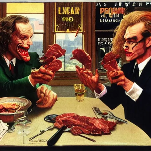 Prompt: brad dourif and the joker eat meat with their hands despite the protests of the waiter, painted by norman rockwell and tom lovell and frank schoonover