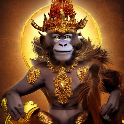 Image similar to monkey king godly lord of monkeys, wearing a crown, holding a staff, sitting in throne 8 k render high detail dark demon gothic style