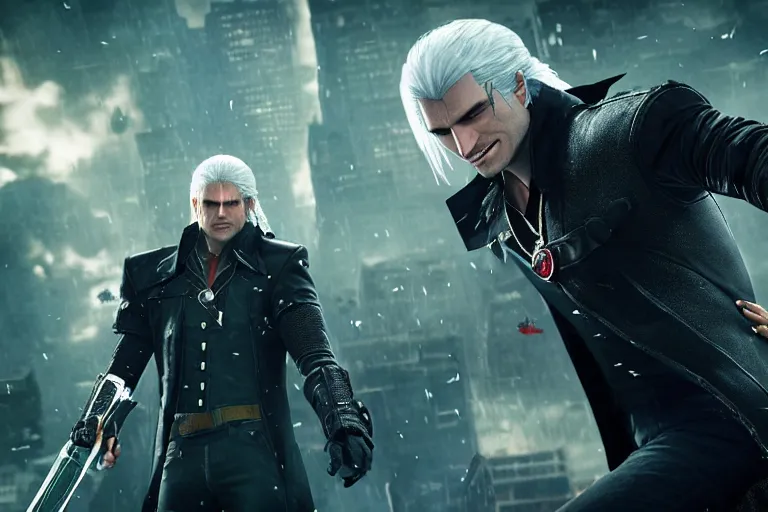 Image similar to vfx movie suave handsome grinning vampire with long white hair, trench coat, dual wielding large revolvers, leaping into the air, low gravity in a shattered reality of new york city, witcher devil may cry by emmanuel lubezki