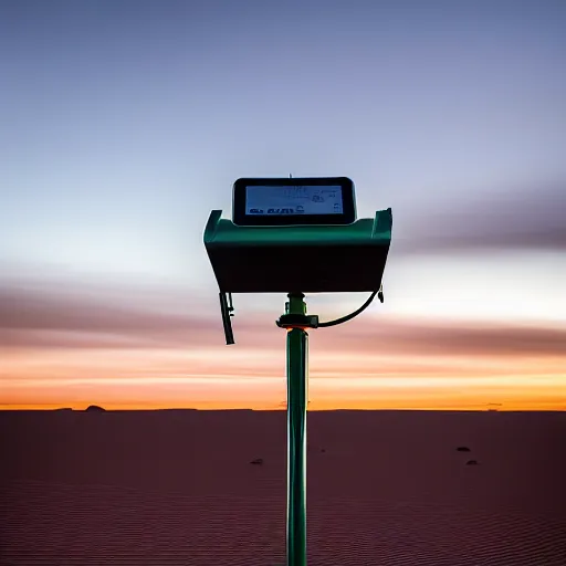 Image similar to peaceful mobile camoflaged rugged weather station sensor antenna on tank treads, for monitoring the australian desert, XF IQ4, 150MP, 50mm, F1.4, ISO 200, 1/160s, dawn