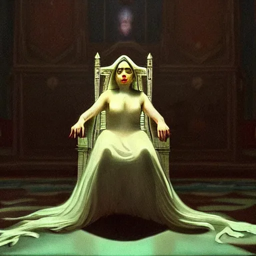 Image similar to closeup : billie eilish as the empress of the universe sits on stellar throne, concept art for a scifi film. by edward hopper. sharp focus, cinematic atmosphere, detailed and intricate, perfect anatomy, meticulous detail