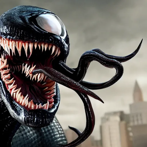 Image similar to Mackenzie Gray as Eddie Brock from Venom (2018), 4k, insanely detailed, fangs