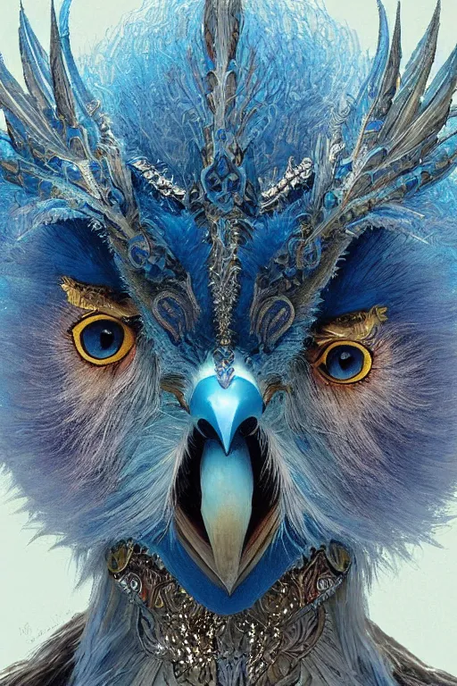 Image similar to a beautiful closeup shot from a fantasy film of a humanoid iridescent blue owlbear wearing a loose tunic. an anthropomorphic owlbear. fantasy, frown, intricate, elegant, highly detailed, digital painting, artstation, concept art, matte, sharp focus, illustration, art by artgerm and greg rutkowski and alphonse mucha