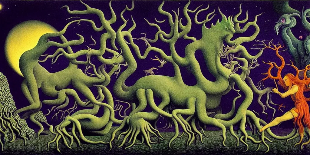 Image similar to mythical creatures and monsters in the imaginal realm of the collective unconscious, in a dark surreal painting by johfra, mc escher and ronny khalil